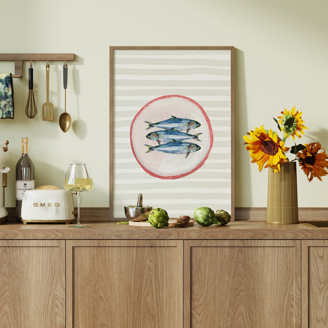 Three Sardines in a Red Circle Retro Seafood Kitchen Decor Poster - Image 3