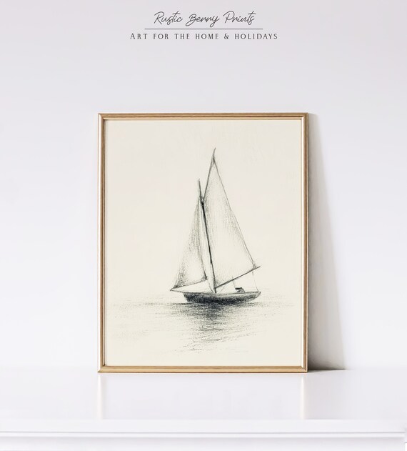 Sailboat Pencil Sketch Minimalist Nautical Line Drawing Coastal Art Print
