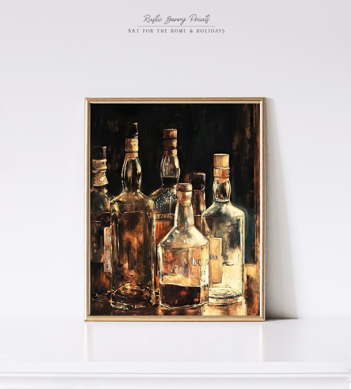 Vintage Whiskey Bottles Grouped On Dark Background Amber Bar Art Print