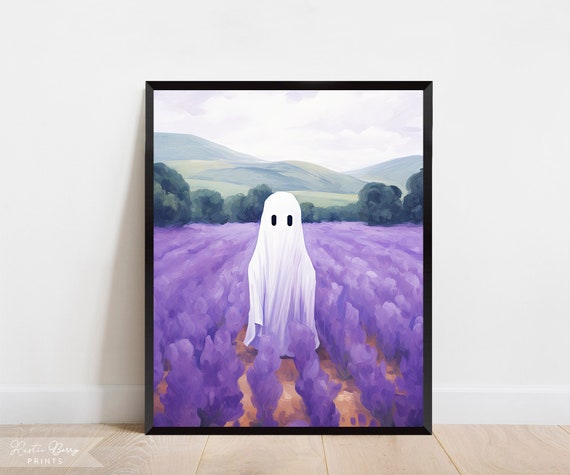 Ghost In Lavender Field Art Print Oil Painting Wall Art Cute Ghost Spooky Halloween Decor Vintage