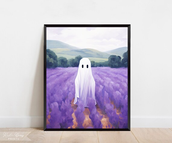 Ghost In Lavender Field Oil Painting Cute Sheet Ghost Purple Floral Poster