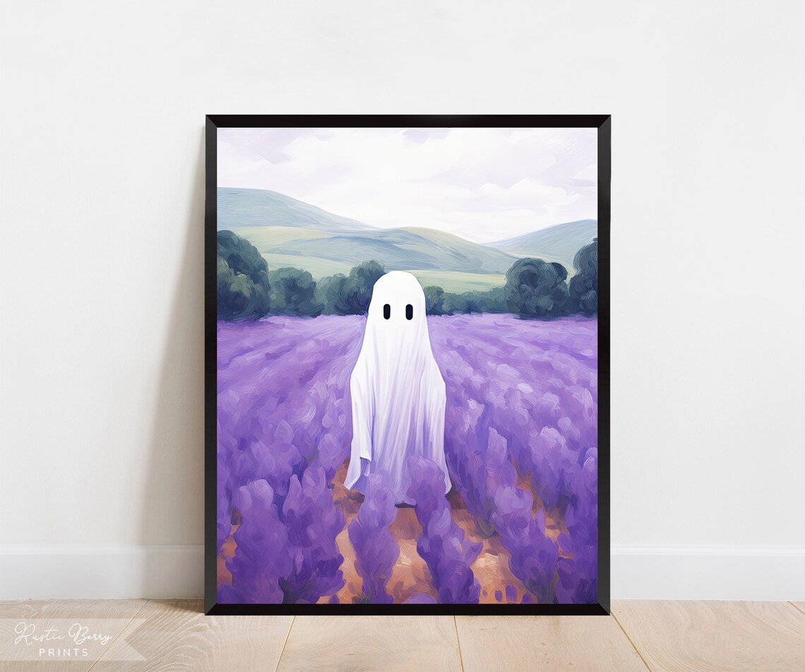 Ghost In Lavender Field Oil Painting Cute Sheet Ghost Purple Floral Poster
