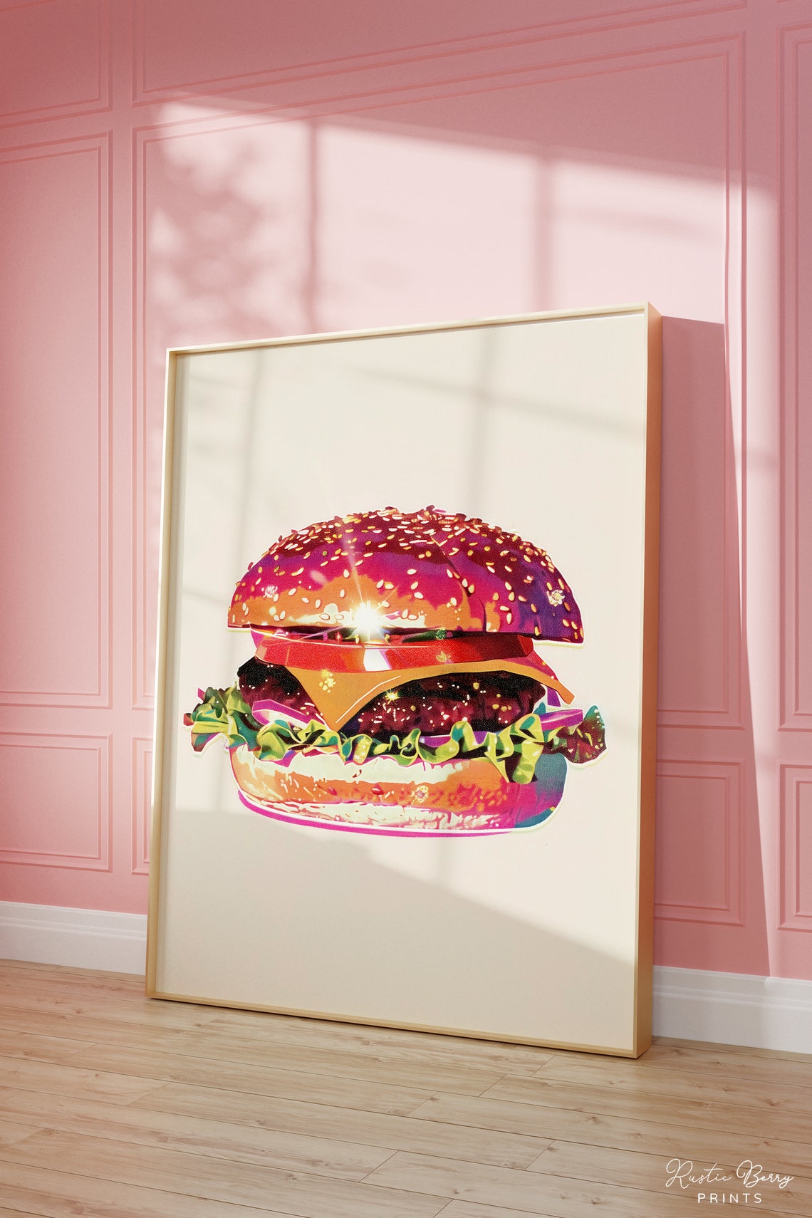 Electric Neon Pop Art Cheeseburger Glam Fast Food Kitchen Decor Poster
