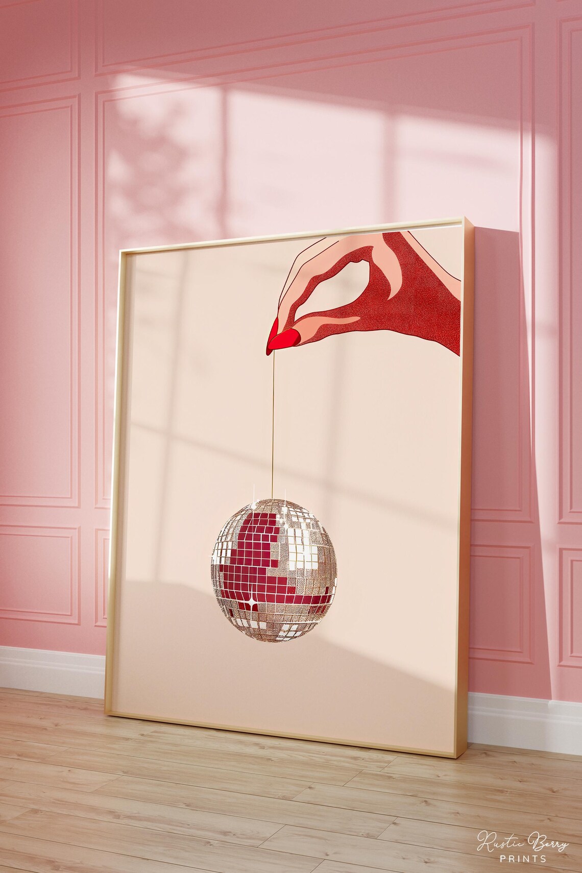 Bold Red Hand Holding Disco Ball Minimalist Retro Glam Decor Poster