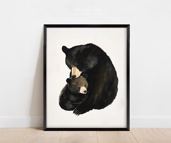 Mama Bear Cub Embrace White Background Tender Family Love Nursery Poster