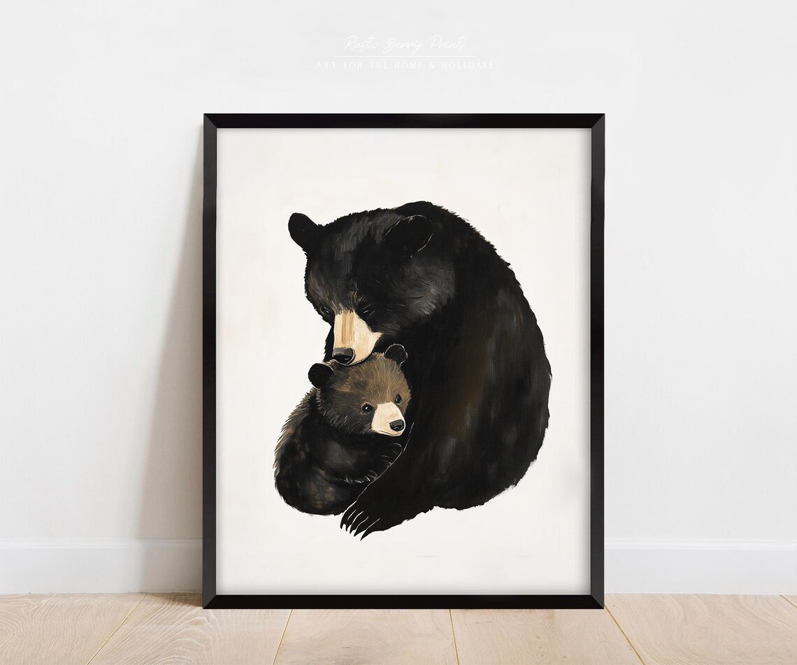 Mama Bear Cub Embrace White Background Tender Family Love Nursery Poster