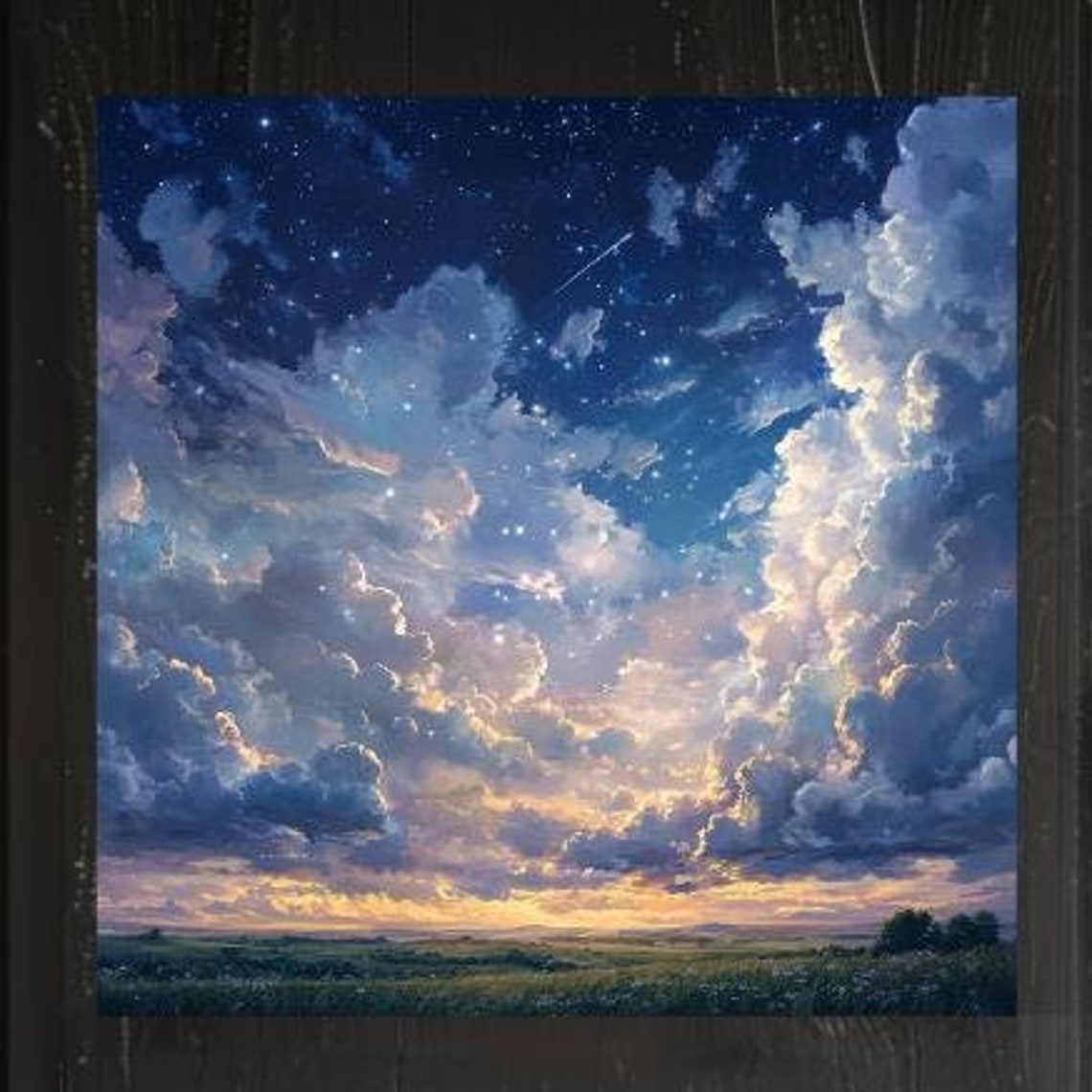 Dramatic Starry Night Clouds with Shooting Star Field Sky Art Poster
