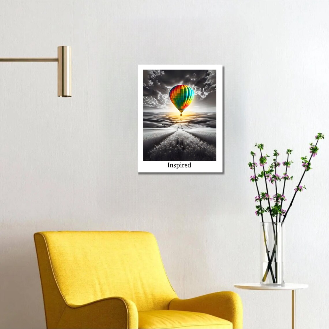 Inspired Rainbow Hot Air Balloon Over Monochrome Land Poster - Image 2