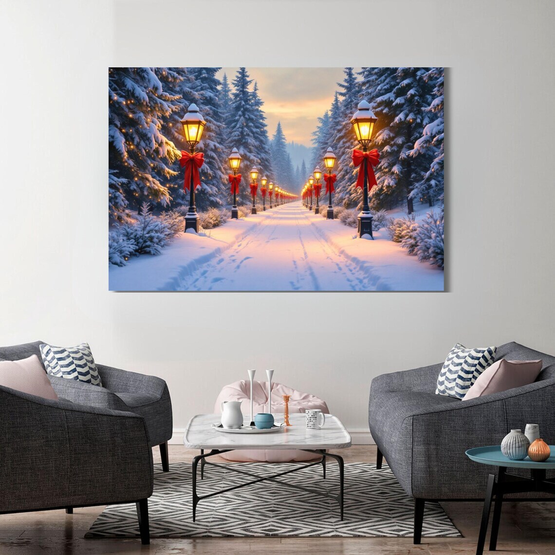 Christmas Wall Art, Snowy Forest Path With Lights - Image 2