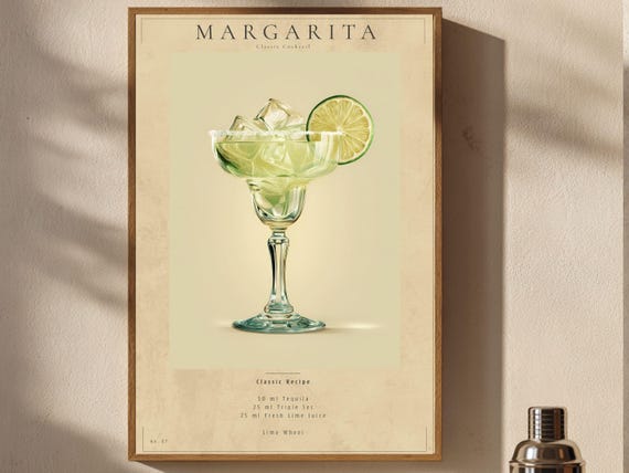 Margarita Poster Vintage Cocktail Wall Art Bar Cart Decor Printable Download