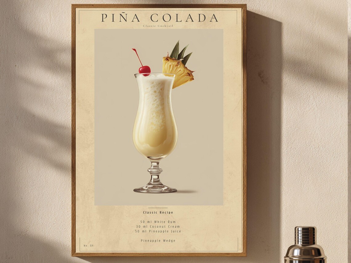 Pina Colada Classic Cocktail Recipe Tropical Pineapple Bar Cart Poster