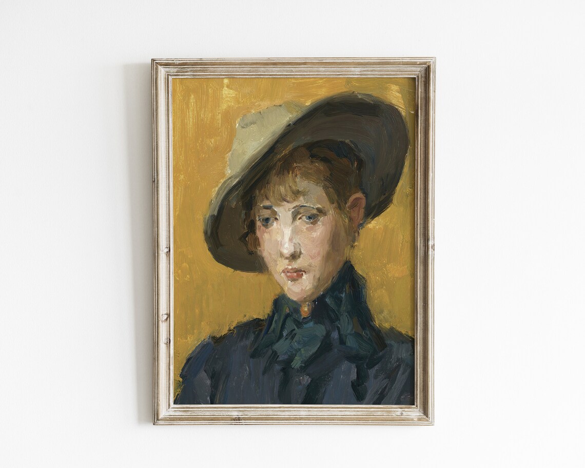 Impressionist Oil Portrait of a Woman in a Wide Brim Hat on Golden Poster