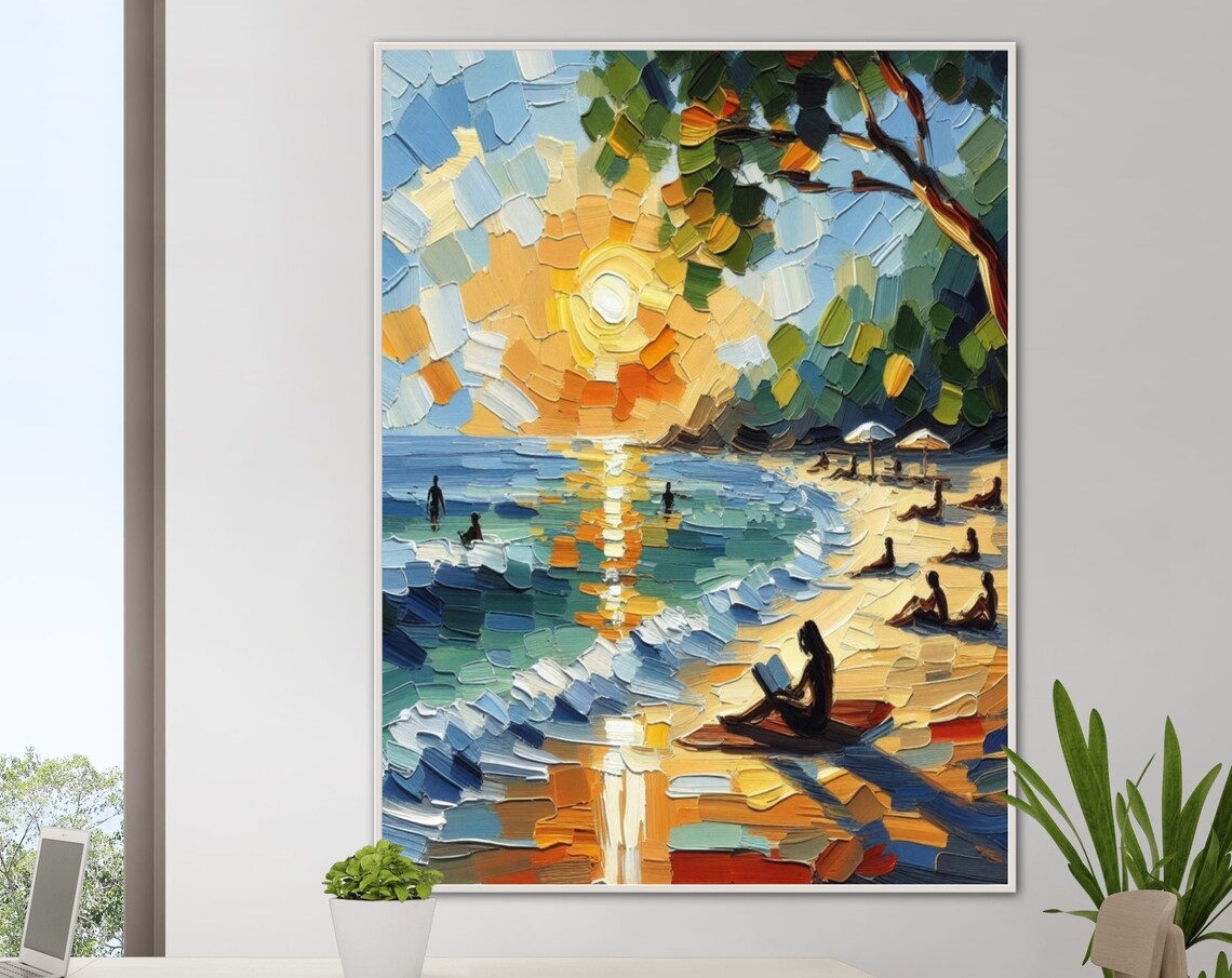 Sunset Beach With Reading Silhouette Impasto Coastal Art Poster