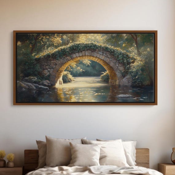 Old Stone Bridge Canvas Painting Ivycovered Arch Quiet River Reflection Lush Greenery Warm Sunlight Giclee Fine Art Wall Print