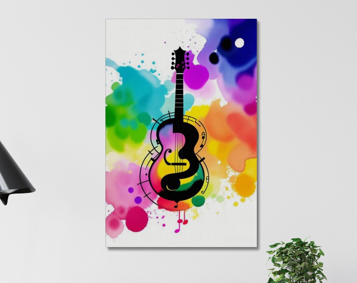 Watercolor Guitar Silhouette Rainbow Music Notes Colorful Wall Art Poster