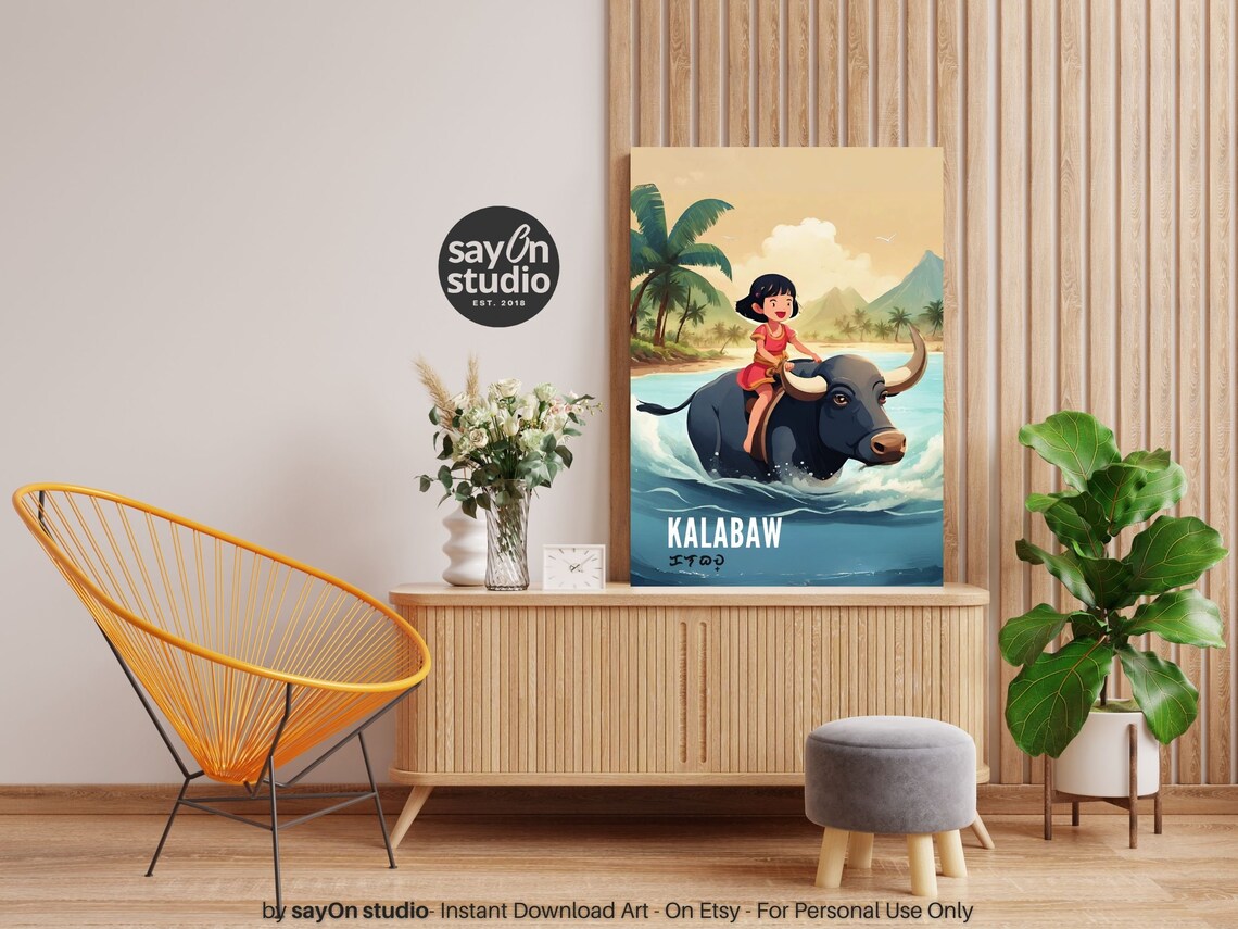 Philippine Kalabaw Carabao Boy Riding Buffalo Ocean Coast Art Poster - Image 2