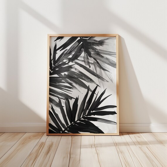 Black And White Palm Leaves Abstract Brushstroke Botanical Art Poster