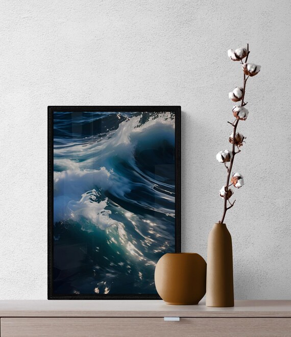Curling Teal Ocean Wave White Foam Dramatic Sea Photography Wall Art Poster