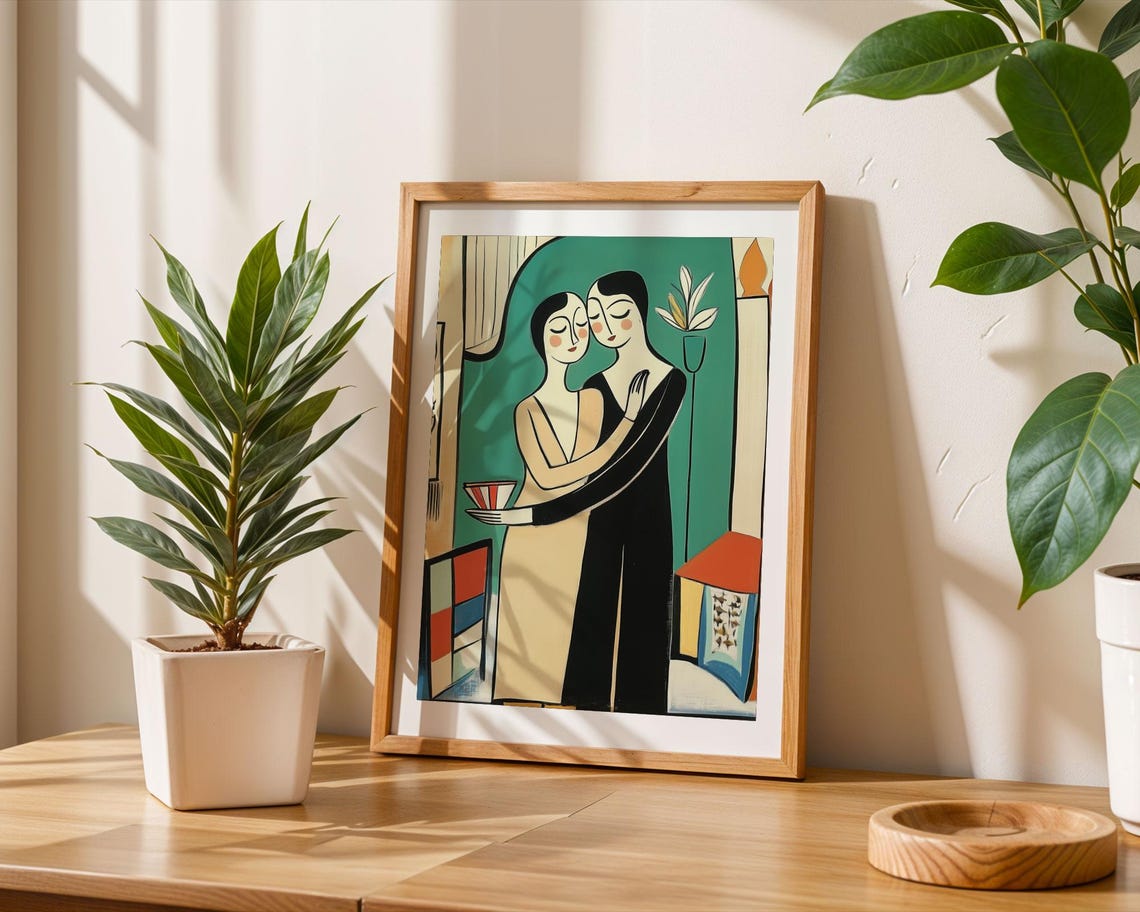 Abstract Embracing Couple On Emerald Green Modern Love Poster - Image 6