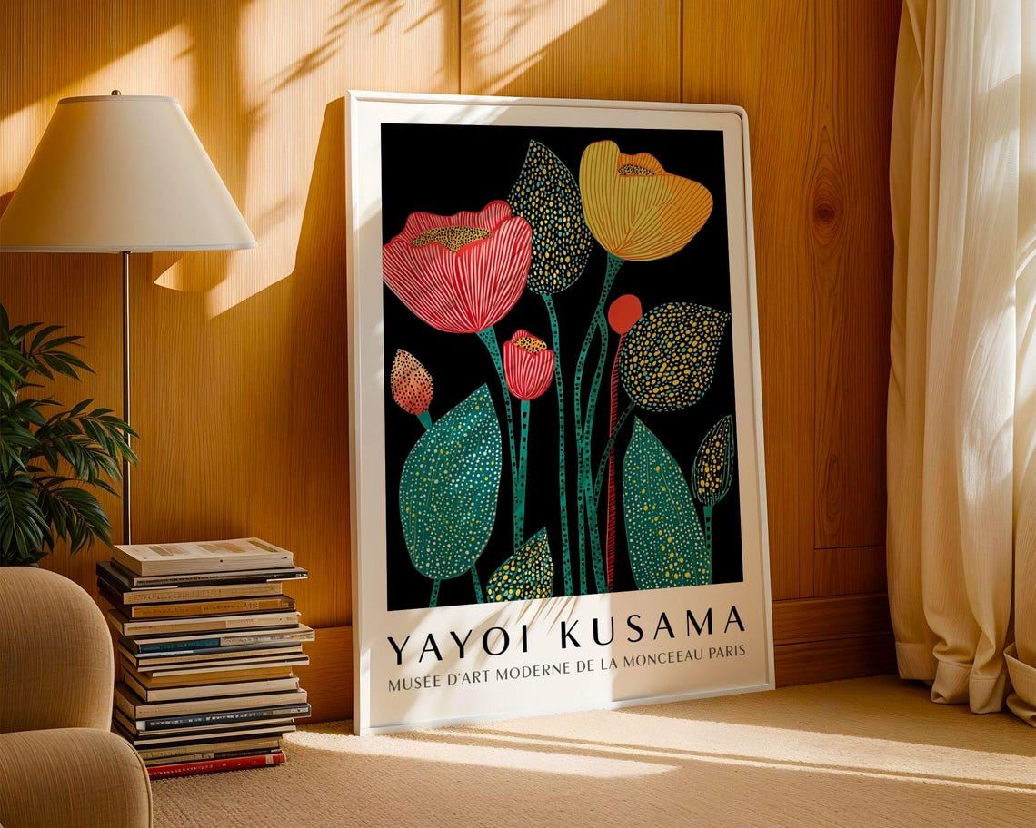 Yayoi Kusama Stylized Poppy Flowers on Black Dotted Museum Poster - Image 3