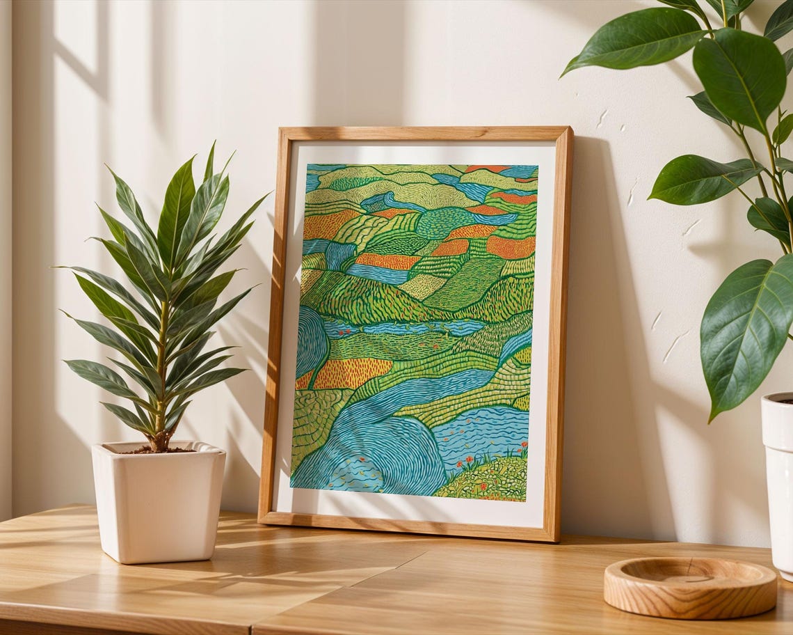 Abstract Green Blue And Orange Winding River Valley Nature Poster - Image 6
