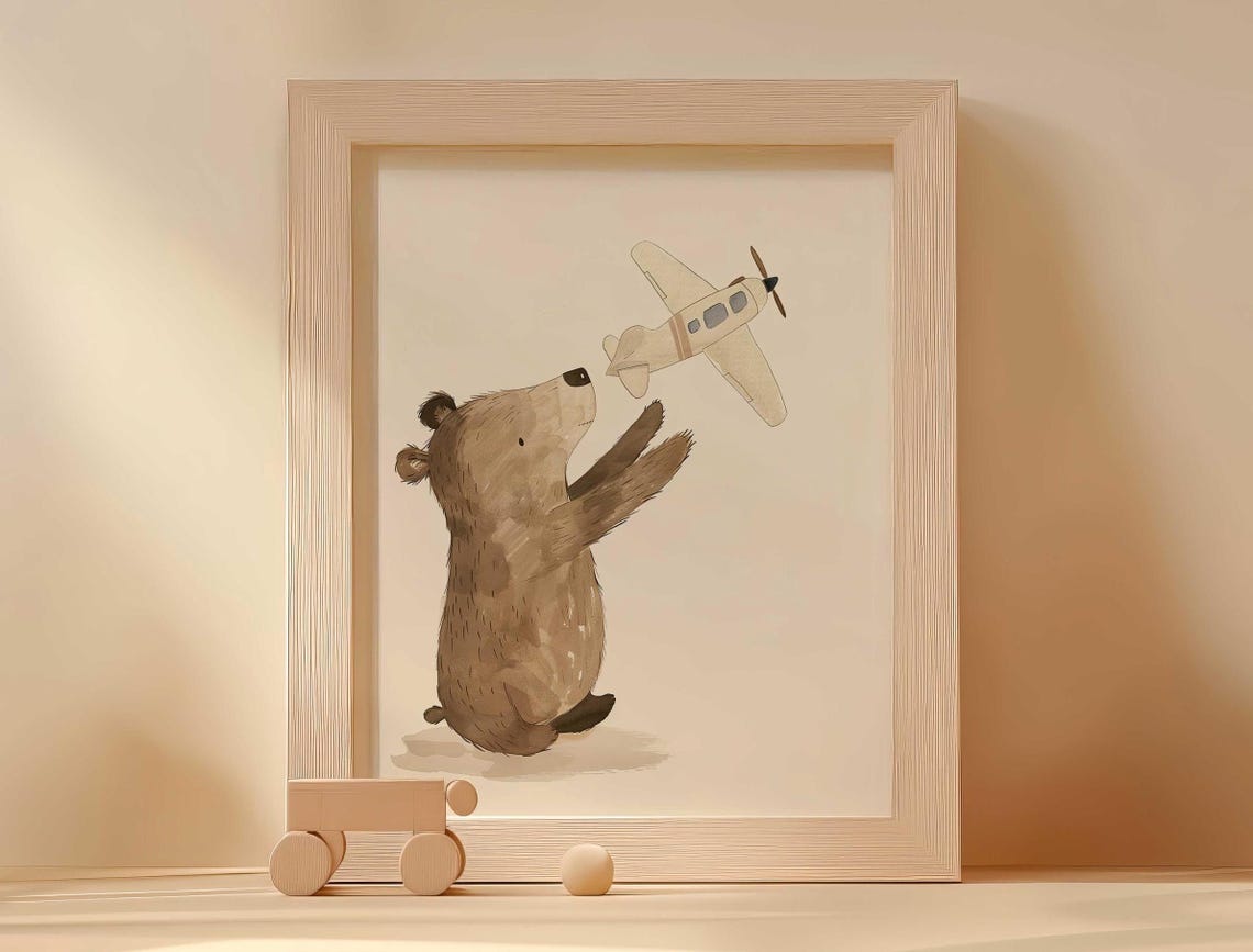 Bear Cub Reaching For Cream Toy Airplane Neutral Nursery Poster