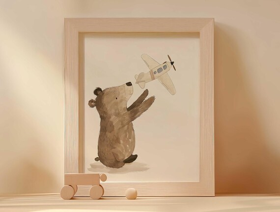 Bear Cub Reaching For Cream Toy Airplane Neutral Nursery Poster