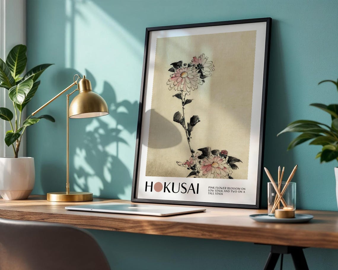 Katsushika Hokusai Print Pink Flower Blossom On Stalk Art Japanese Ukiyo E Art Vintage Japan Wall Decor Woodblock Style Japandi Print - Image 2