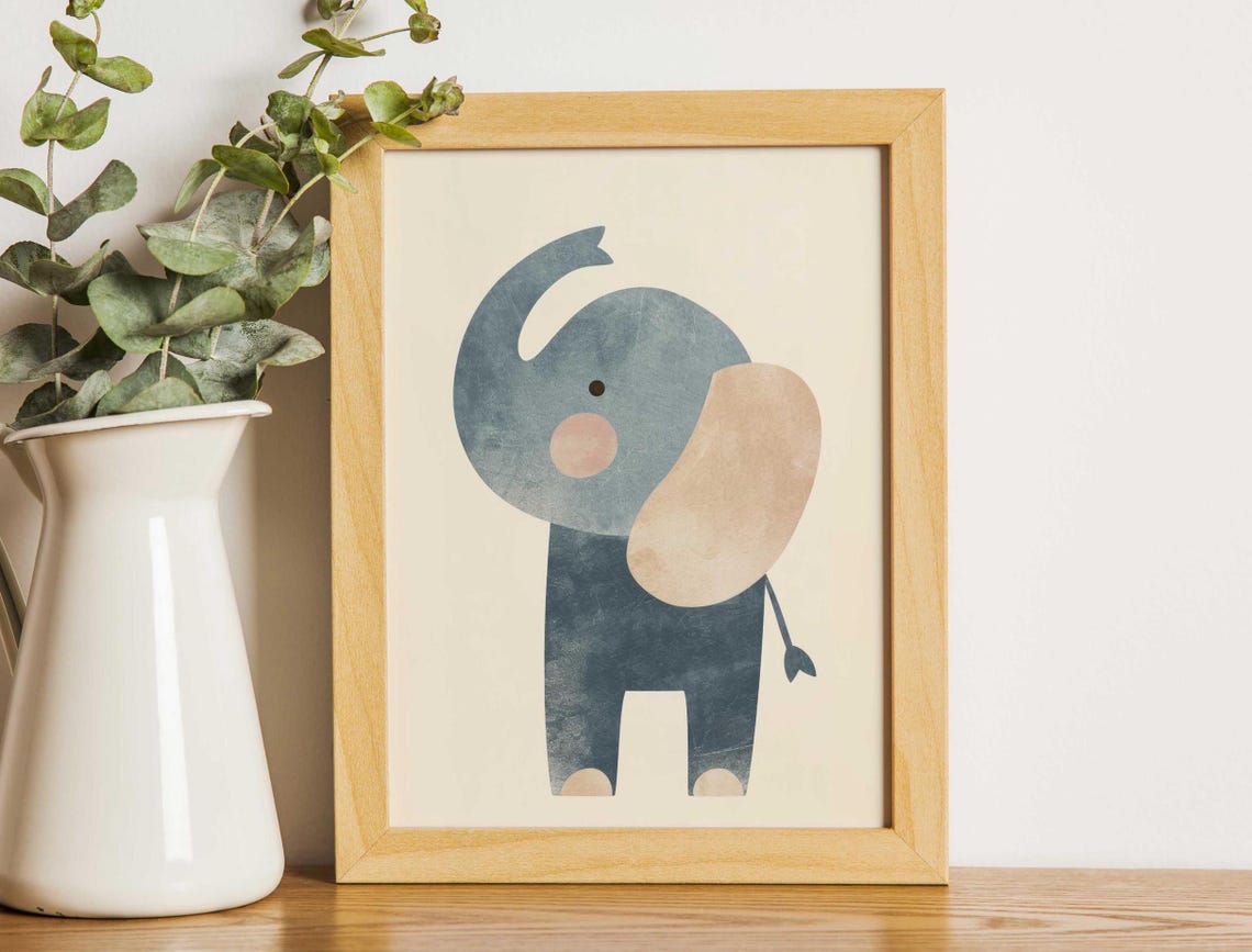 Blue Baby Elephant With Trunk Raised Minimalist Nursery Poster