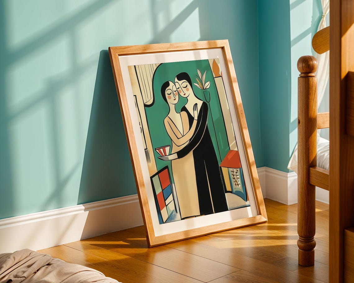 Abstract Embracing Couple On Emerald Green Modern Love Poster - Image 5