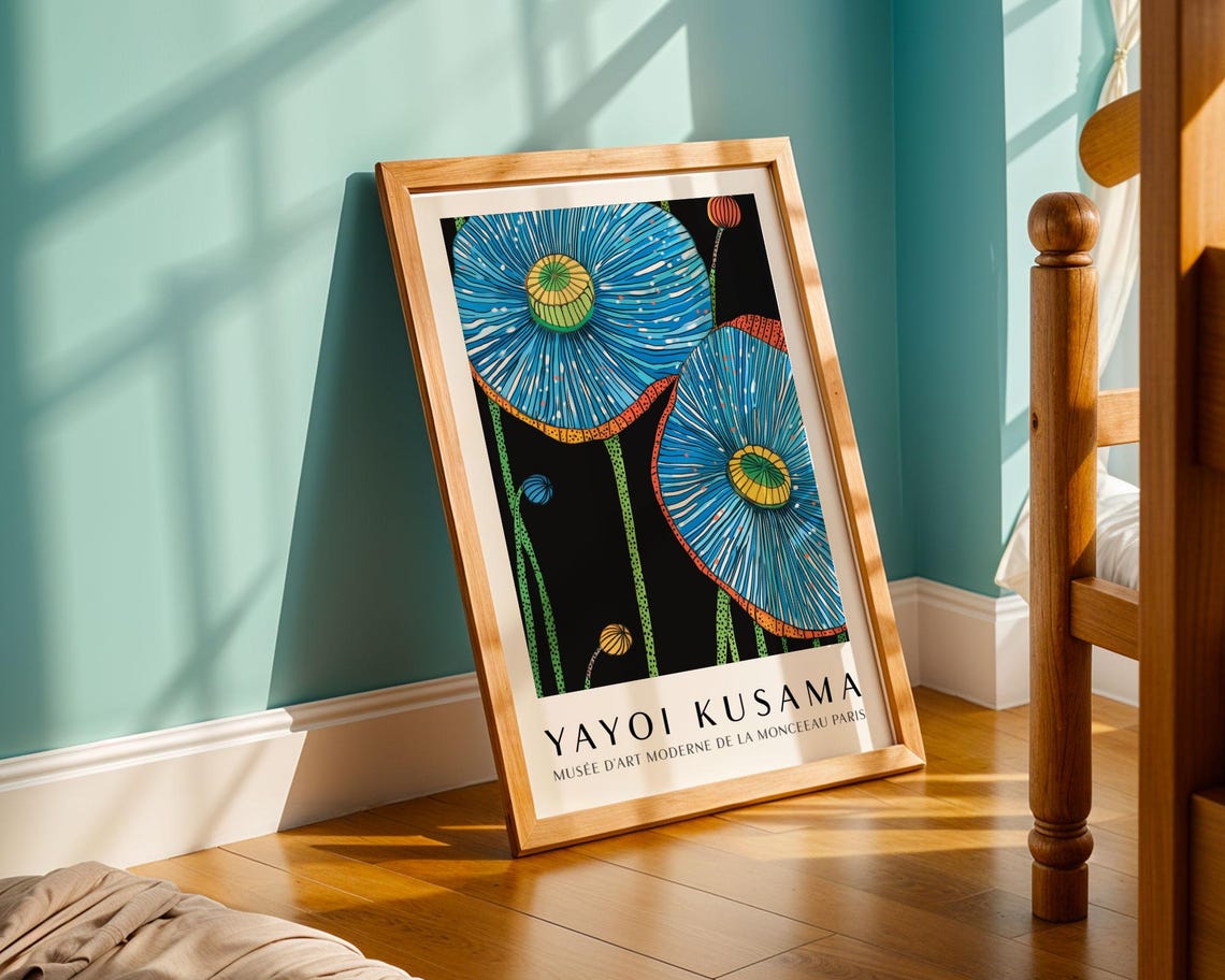 Yayoi Kusama Vivid Blue Poppy Flowers on Black Museum Poster - Image 5