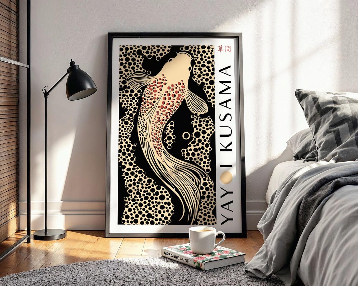 Elegant Cream Koi Fish With Red Dots Black Pattern Kusama Poster - Image 2