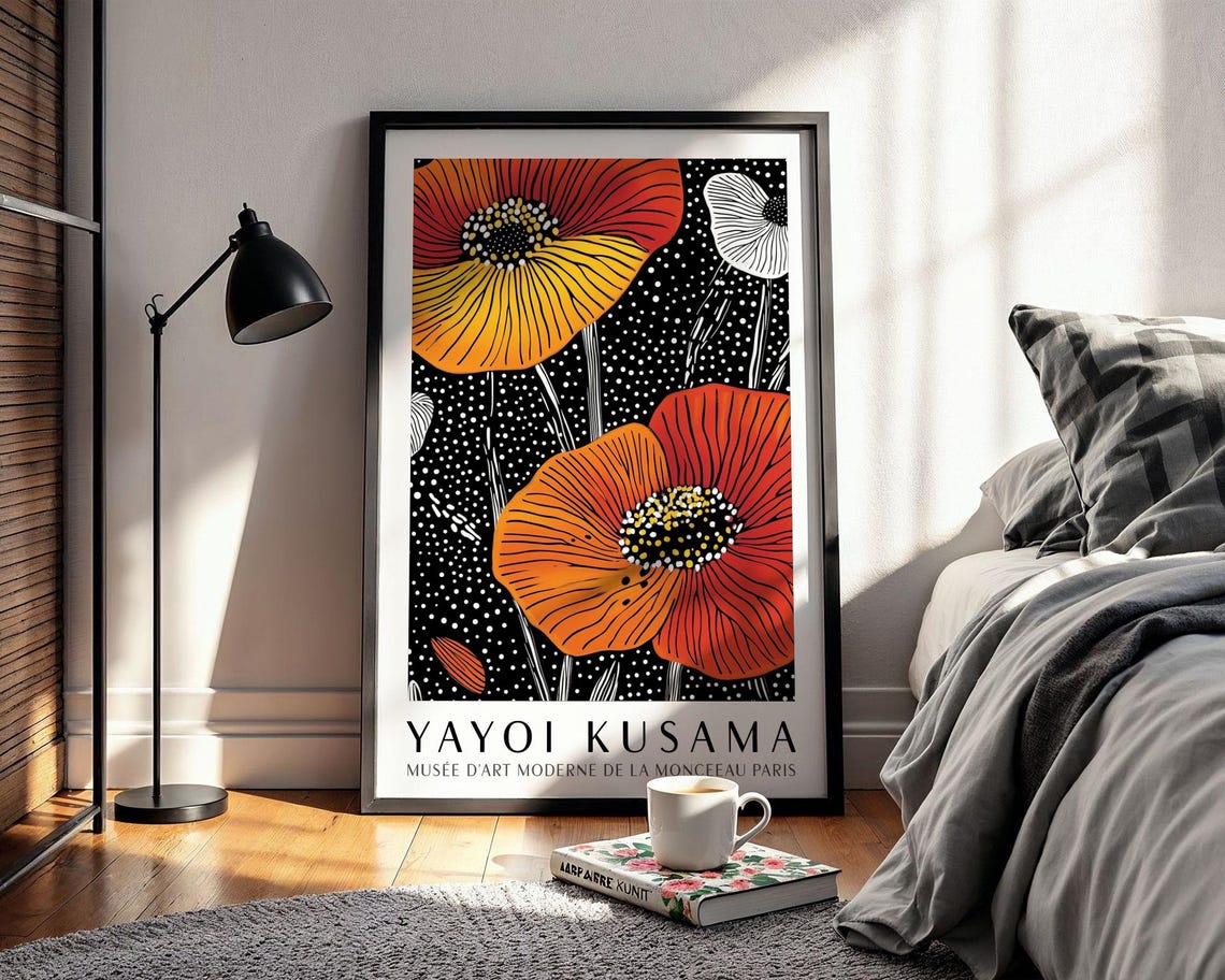 Yayoi Kusama Fiery Red Poppy Flowers on Black Dotted Museum Poster - Image 2