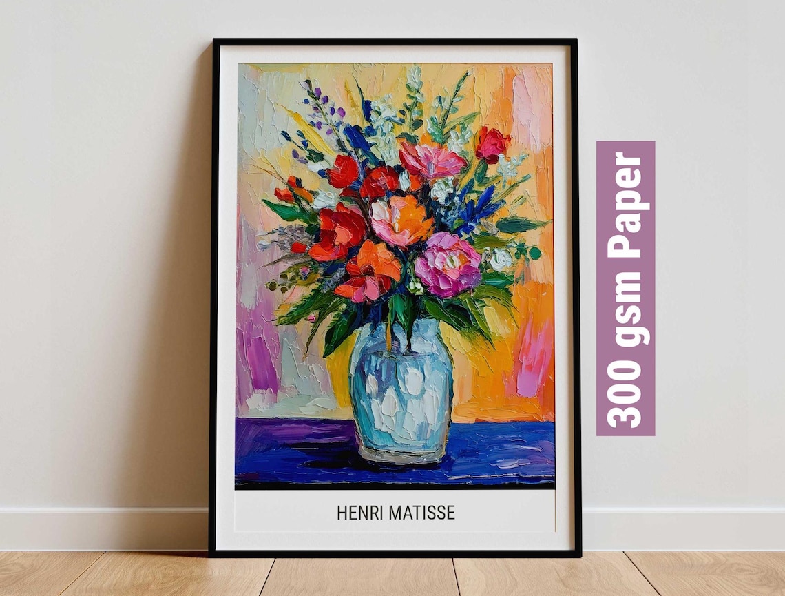 Matisse Style Impasto Flower Bouquet in Blue Glass Jar Poster