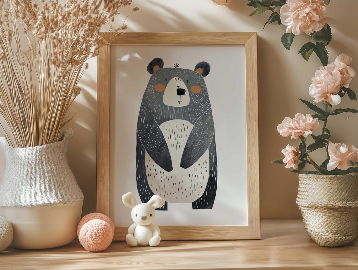 Standing Gray Bear With Cream Belly Minimalist Nursery Poster - Image 6