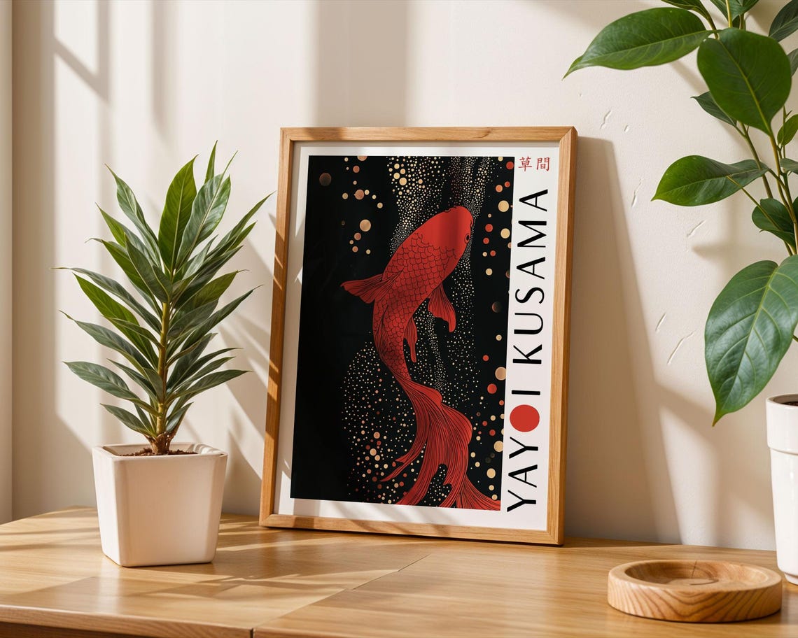 Yayoi Kusama Red Koi Fish Swimming in a Dotted Night Art Poster - Image 6