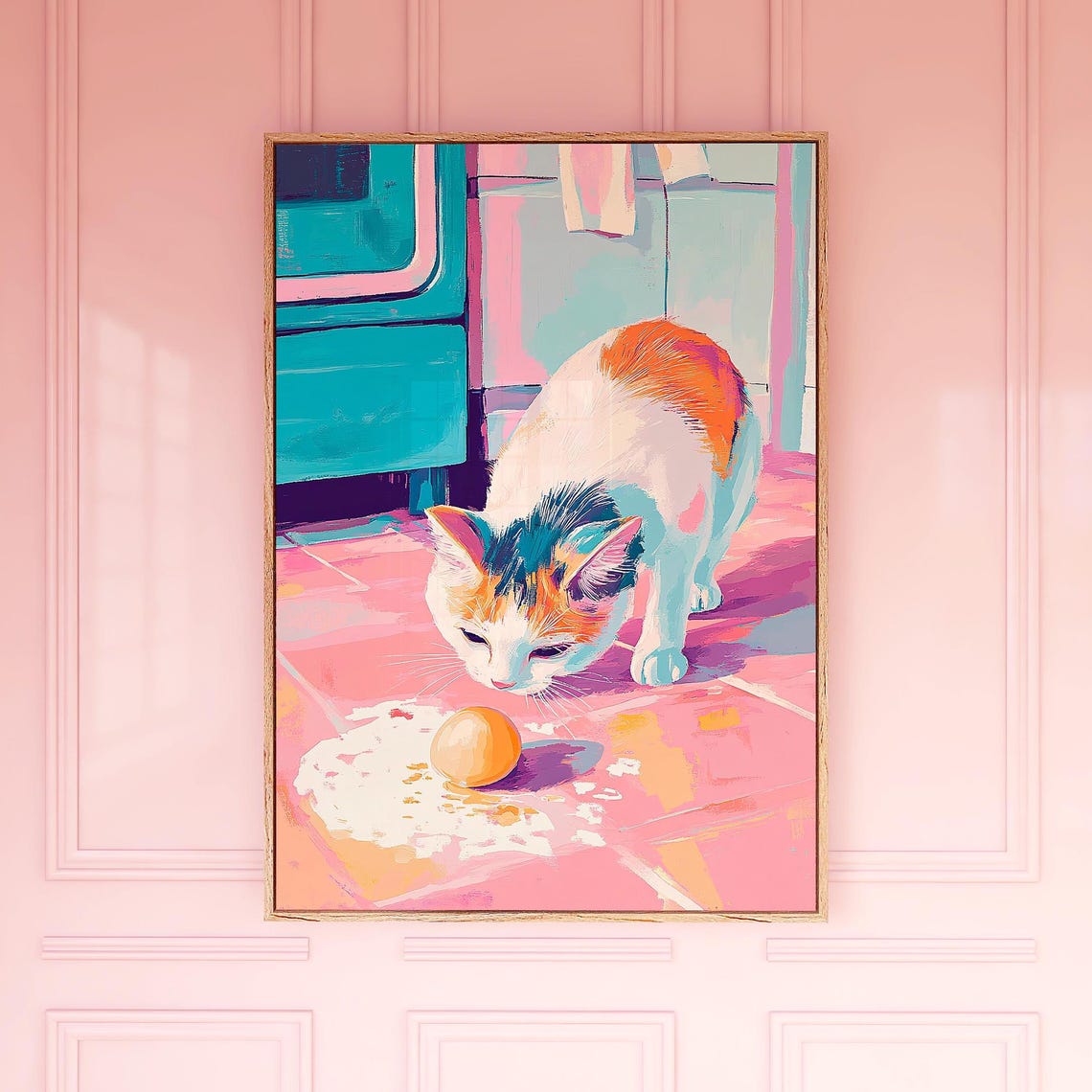 Mischievous Cat with Broken Egg Colorful Kitchen Painting Wall Art