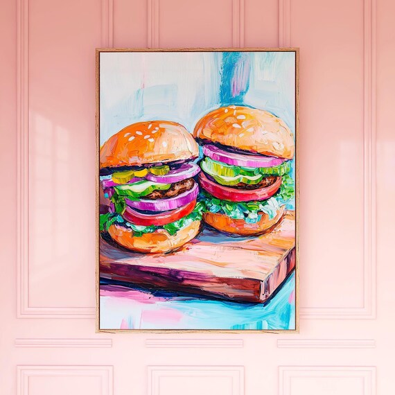Beef Burgers Painting Colorful Pop Food Art Wooden Block Kitchen Poster