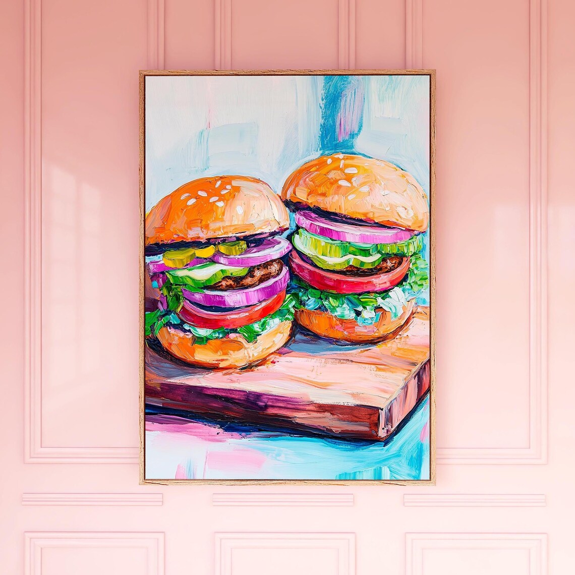 Beef Burgers Painting Colorful Pop Food Art Wooden Block Kitchen Poster