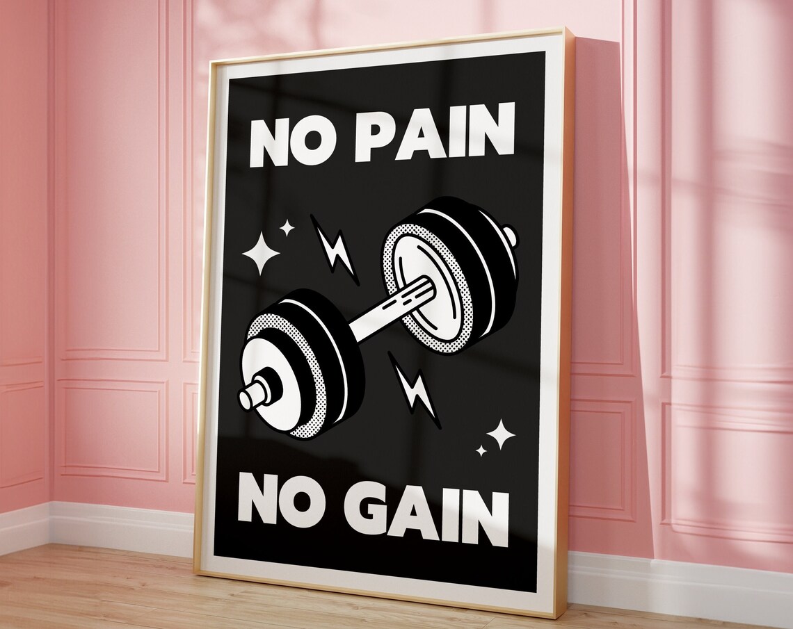 No Pain No Gain Dumbbell Black Bold Gym Motivation Workout Poster