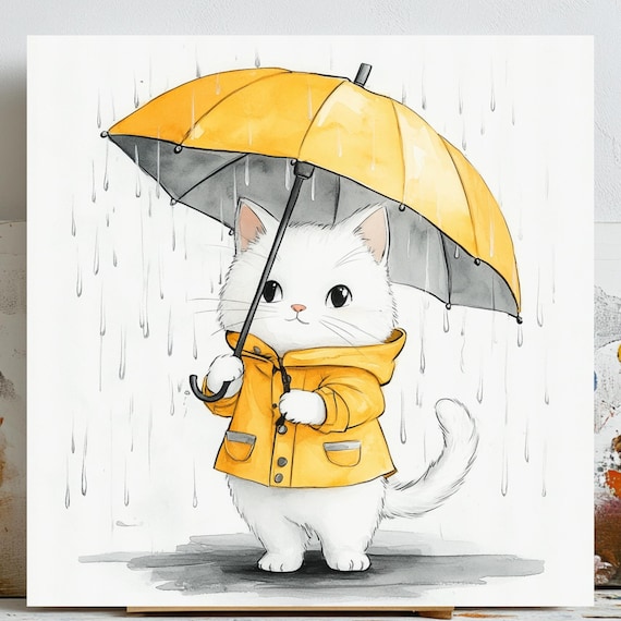 Kitten With Umbrella, Cute Cat Illustration