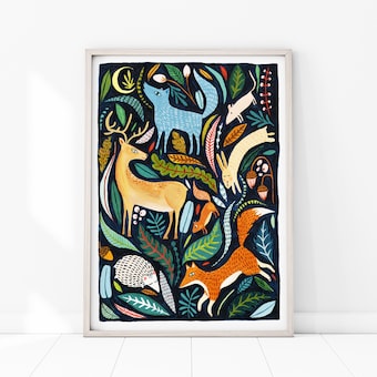 Woodland Animals Print Woodland Nursery Decor Folk Animals Woodland Wall Art Forest Print Deer Fox Hare Wolf Hedgehog