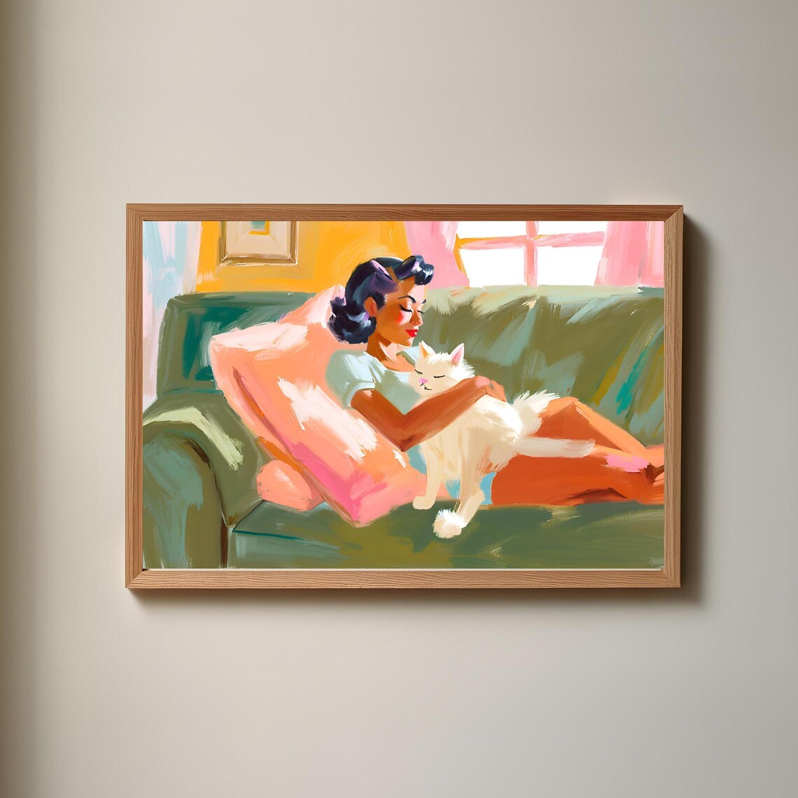 Cozy Pinup Model And Fluffy White Cat, Vintage Style