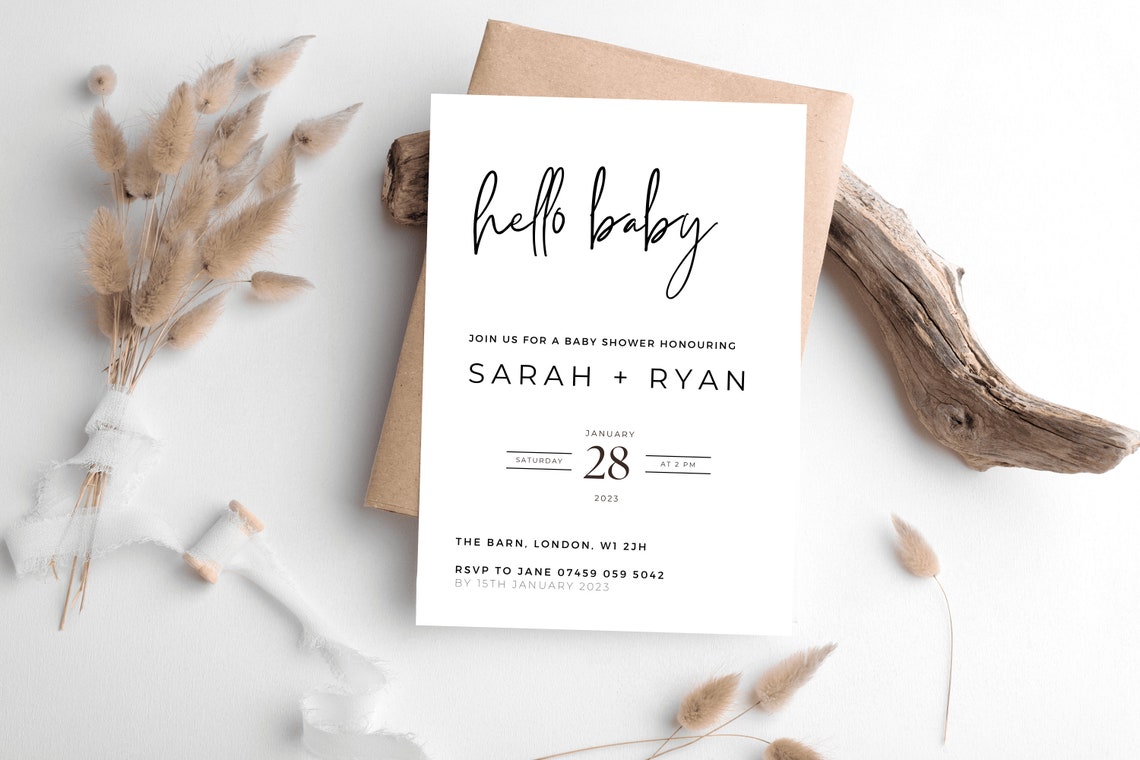 Hello Baby Shower Invitation Modern Minimalist Calligraphy Art Poster - Image 2