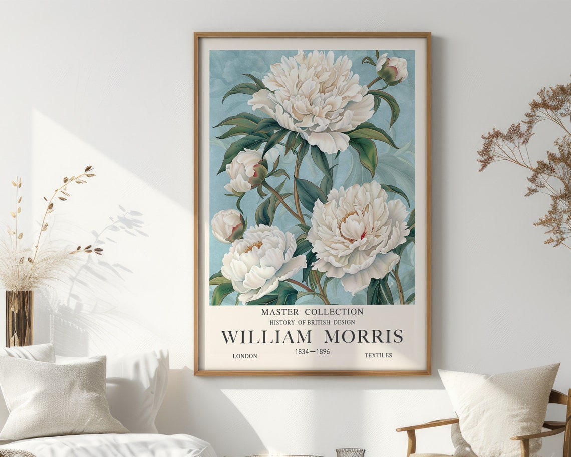 William Morris White Peonies On Blue British Design History Poster - Image 2