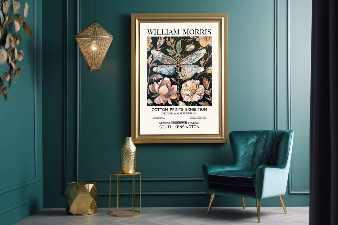 William Morris Dragonfly Pink Peony on Black Exhibition Poster - Image 2