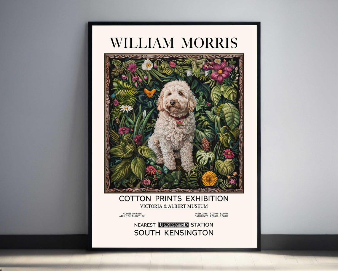 William Morris White Labradoodle Dark Floral Exhibition Poster