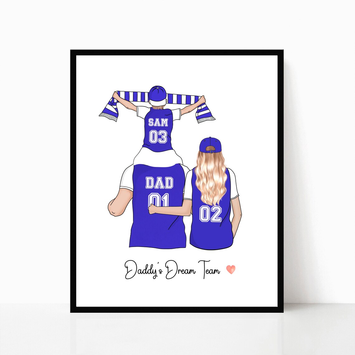 Daddy's Dream Team Dad And Kids Blue Football Jerseys Gift Poster