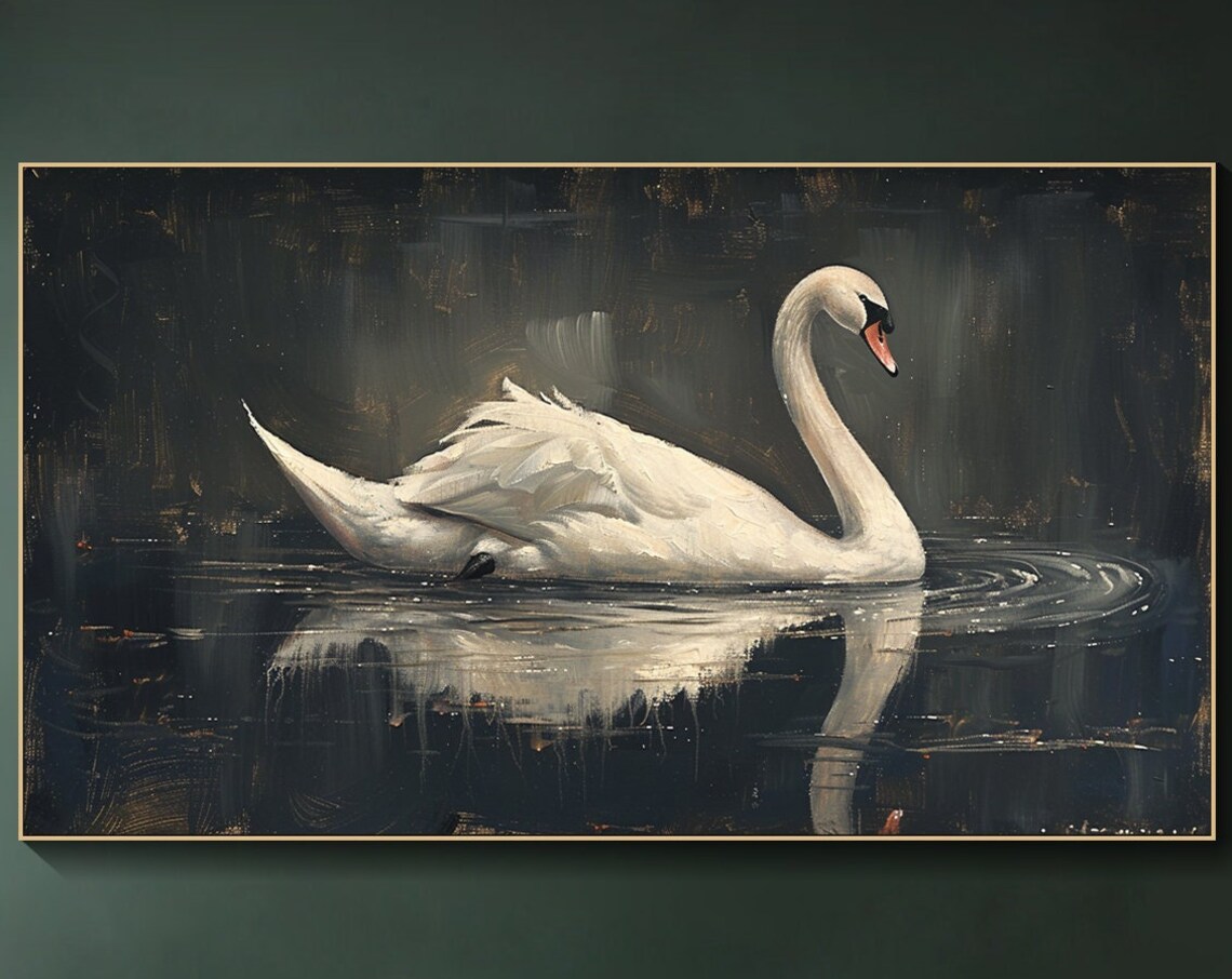 White Swan Dark Lake Reflection Elegant Oil Painting Bird Poster
