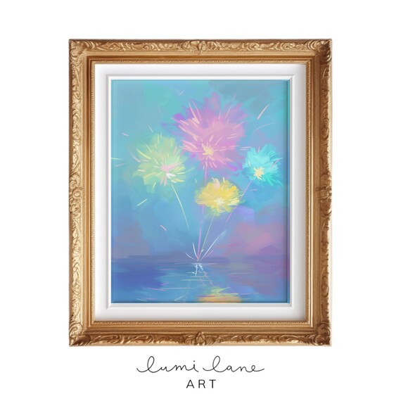 Pastel Fireworks Art Instant Original Textured Painting Print Square Magical Celebrate Fun Party Firecracker